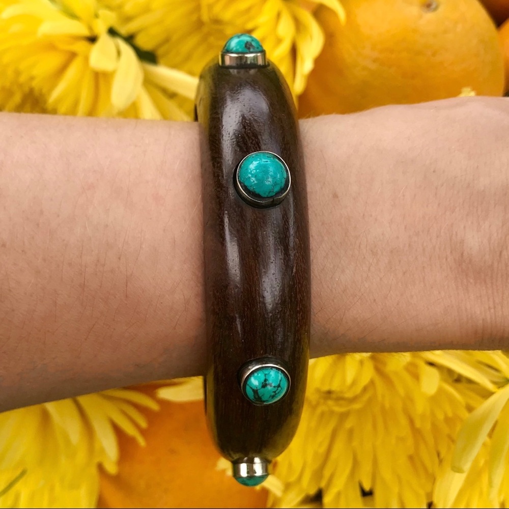 Wooden & genuine turquoise bangle from Asia